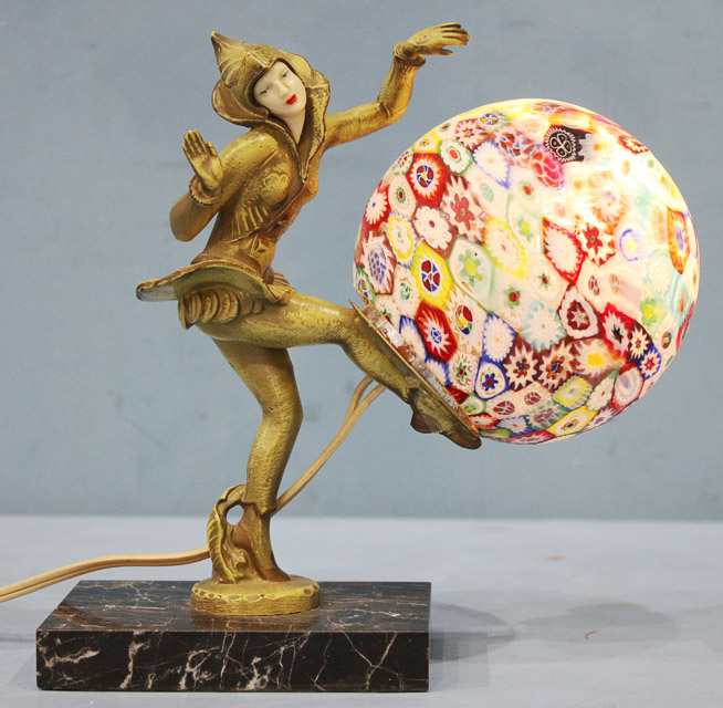 001a - Art Deco lamp of harlequin dancer with original Millefiori shade, 8.5 in. T, 9 in. W.